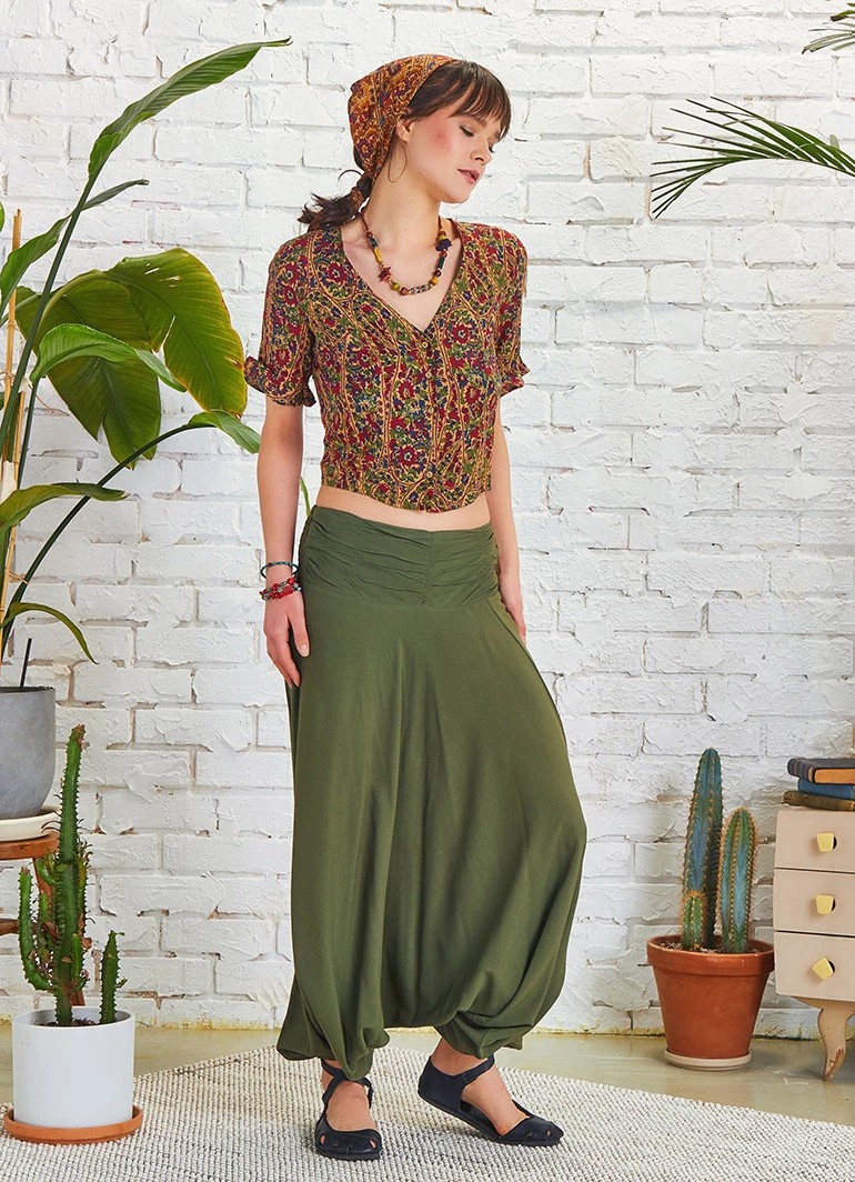 Drape Detay Beli Lastikli Şalvar Pantolon - Haki