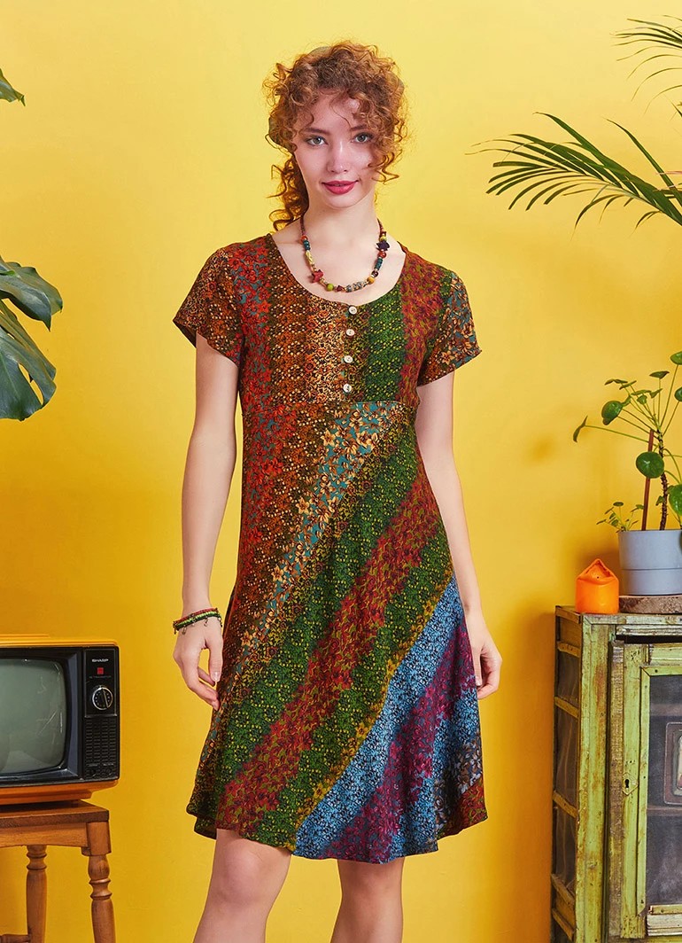 Önü Düğmeli Patchwork Kısa Kol Bohem Elbise - Hardal Sezi