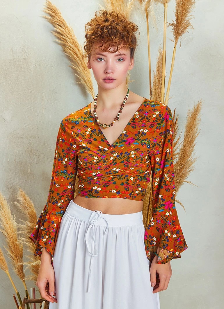 İspanyol Kol Crop Bluz - Hardal Karun