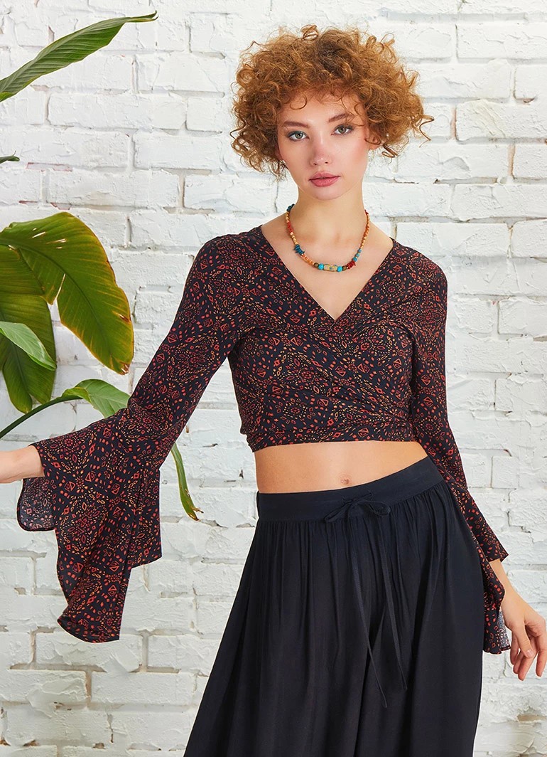 İspanyol Kol Crop Bluz - Kahve Antik