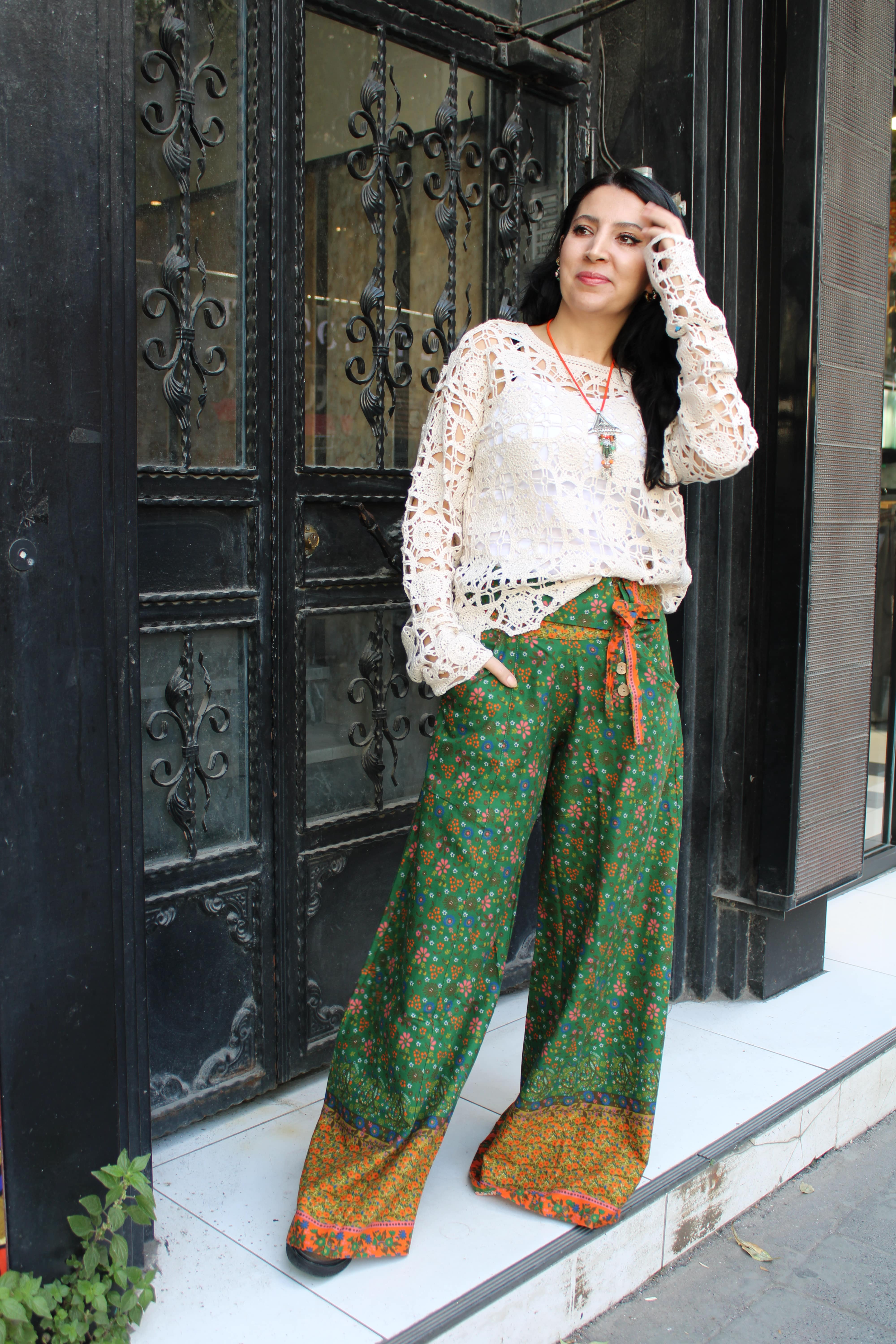 Düşük bel düğmeli kadın pantolon - Yeşil S. Yasemin