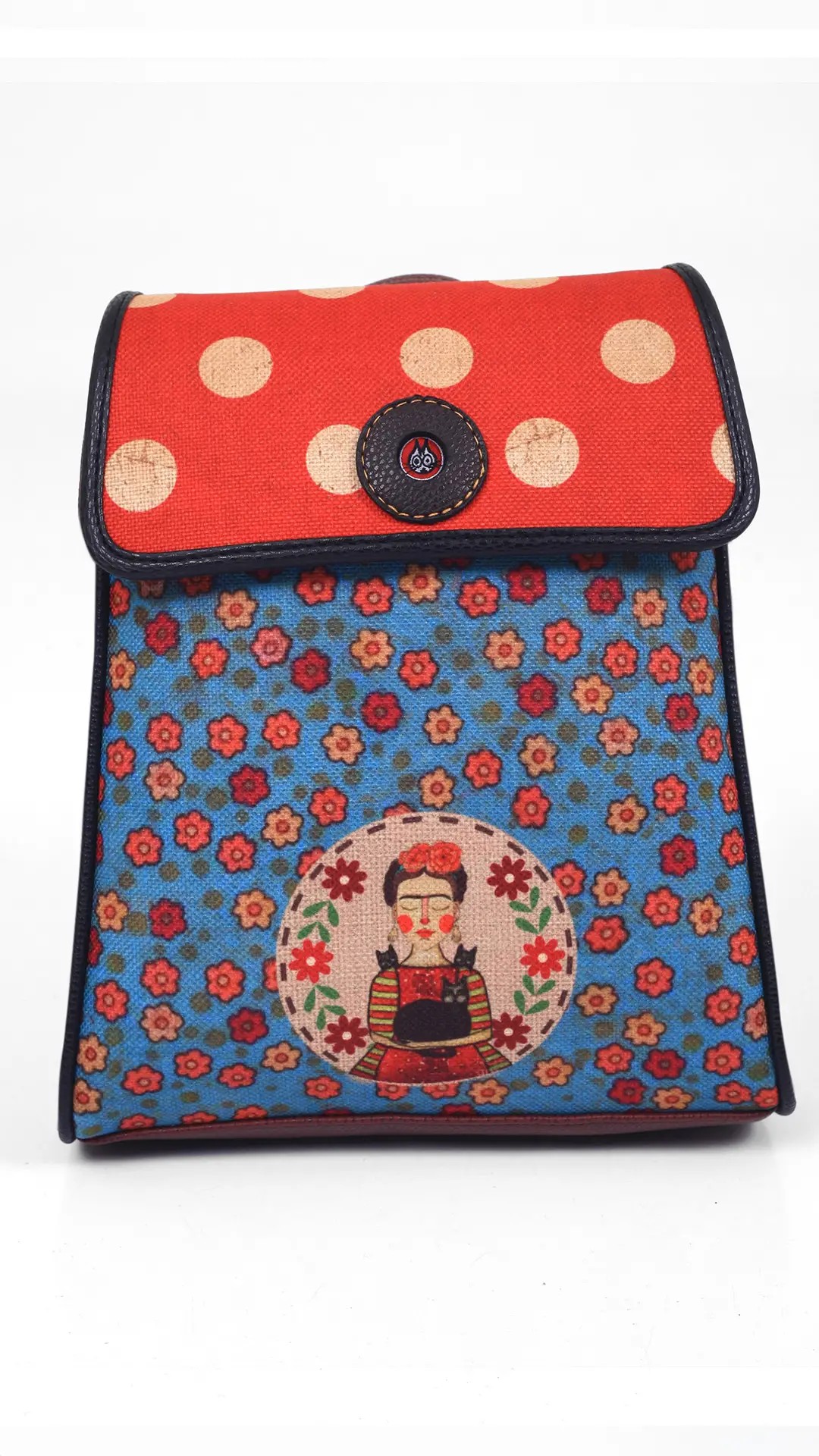 Puantiyeli Frida Desenli Kapaklı Sırt Çantası - Bordo