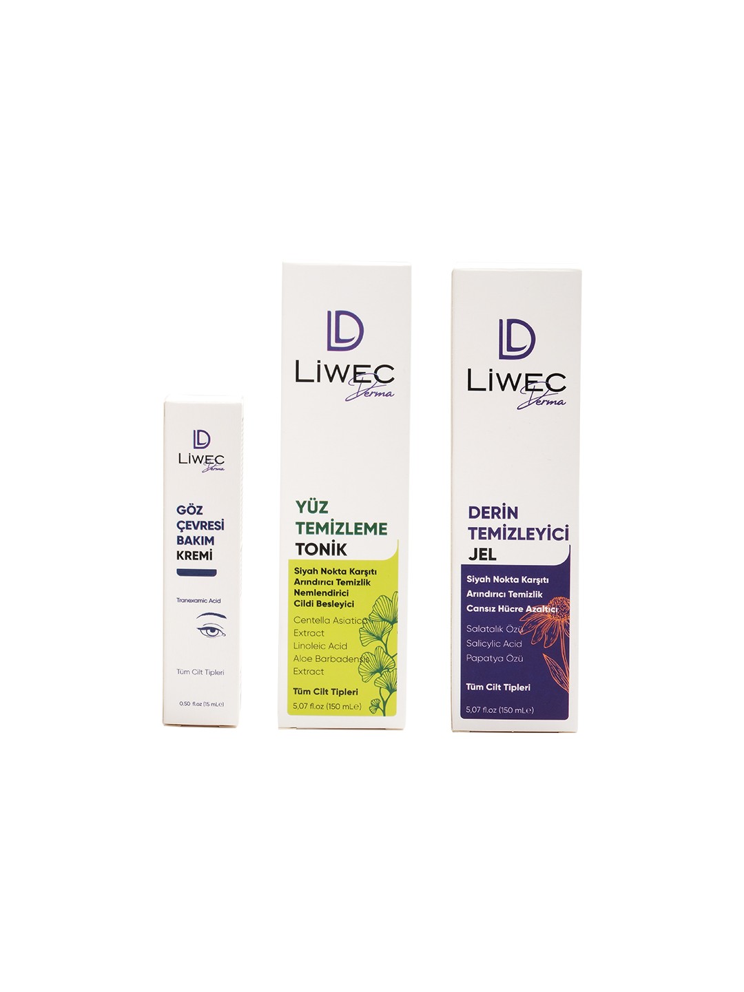 Liwec Derma 3'lü Set (DERİN TEMİZLEYİCİ JEL - YÜZ TEMİZLEME TONİK - GÖZ ÇEVRESİ BAKIM KREMİ)