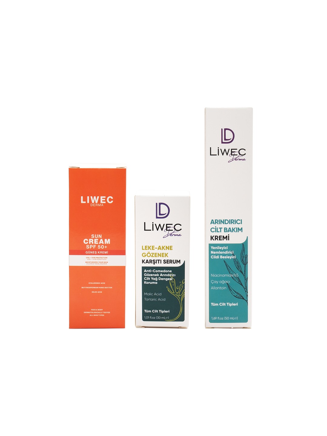 Liwec Derma 3'lü Set (ARINDIRICI CİLT BAKIM KREM - LEKE AKNE KARŞITI SERUM - GÜNEŞ  KREMİ SPF 50)