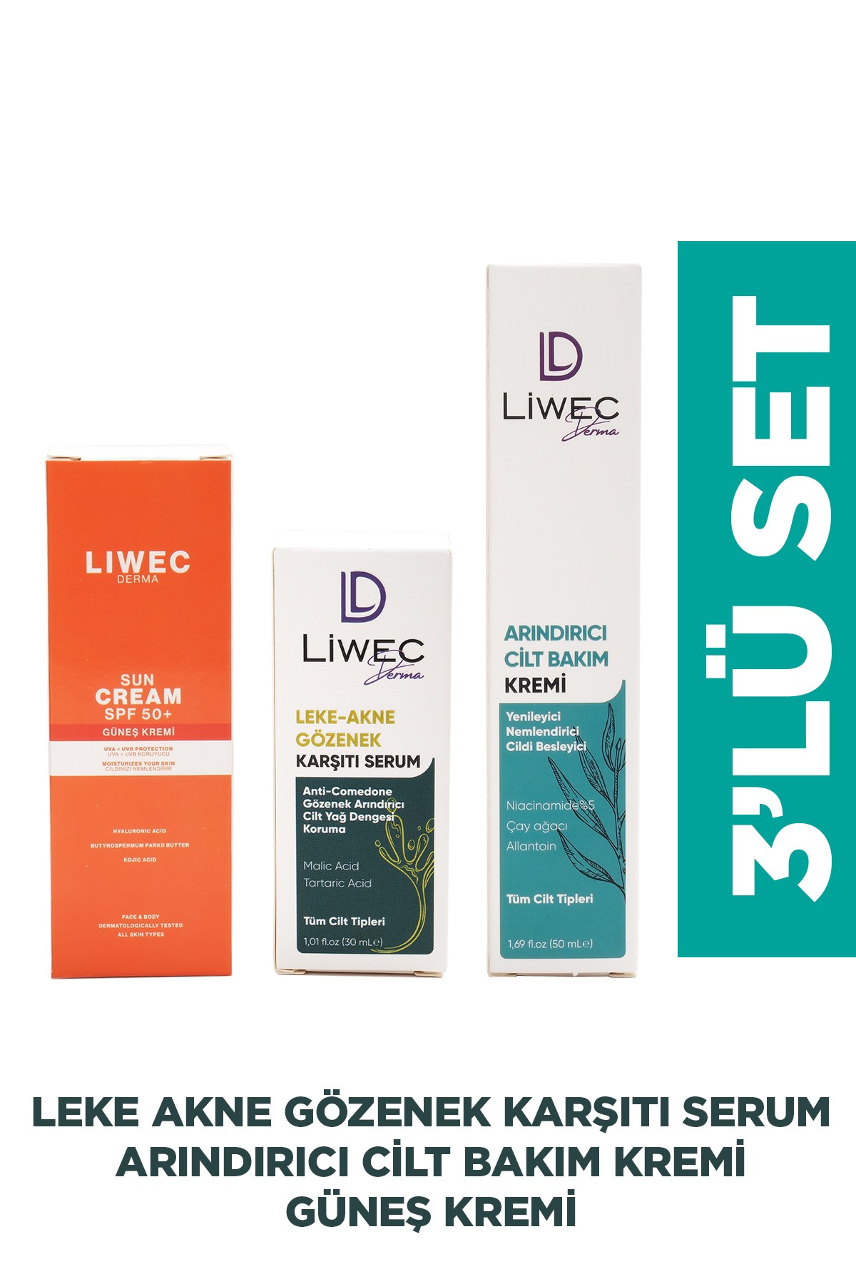 Liwec Derma 3'lü Set (ARINDIRICI CİLT BAKIM KREM - LEKE AKNE KARŞITI SERUM - GÜNEŞ  KREMİ SPF 50)