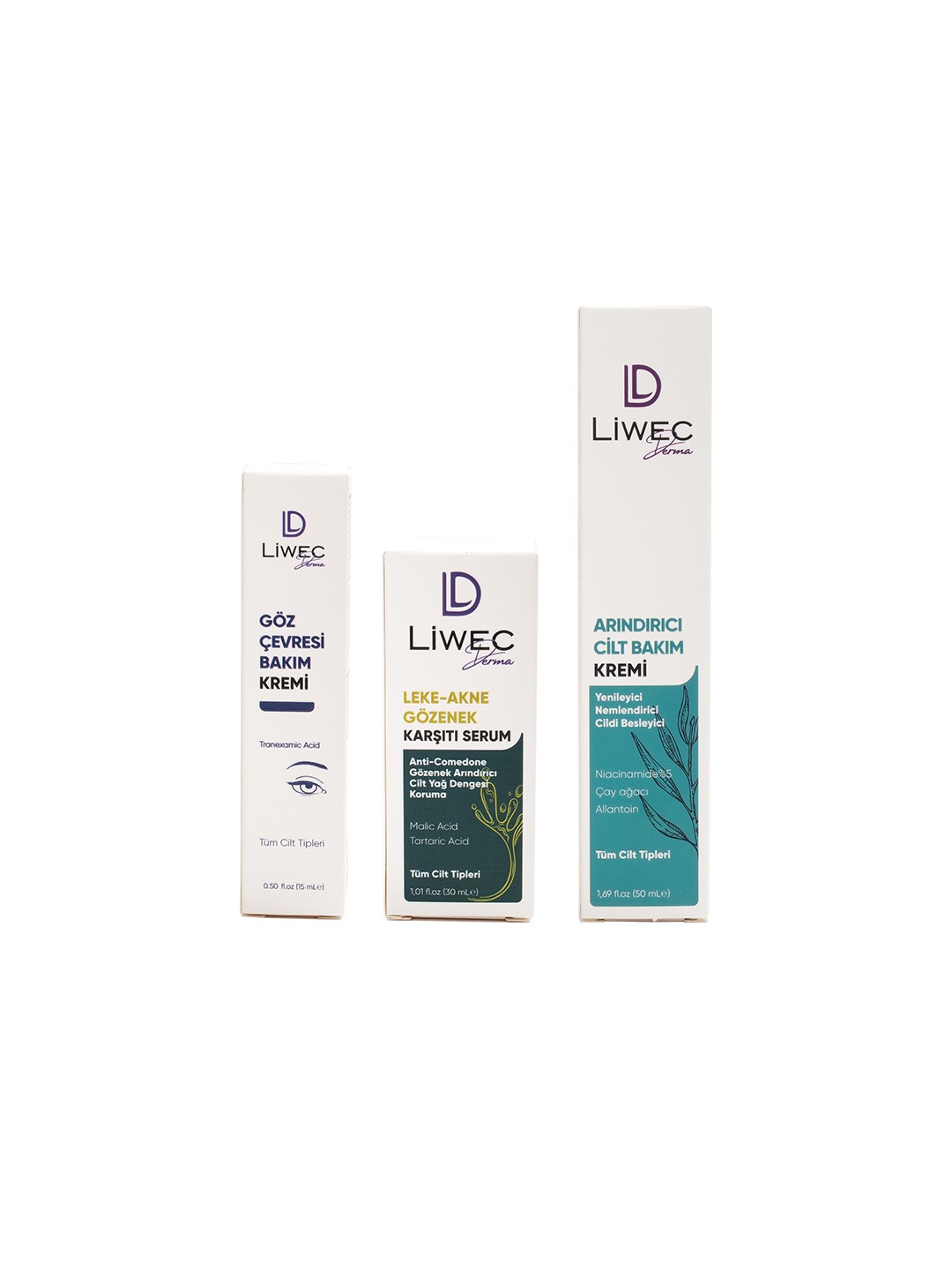 Liwec Derma 3'lü Set (ARINDIRICI BAKIM KREM - LEKE AKNE KARŞITI SERUM - GÖZ ÇEVRESİ BAKIM KREMİ)