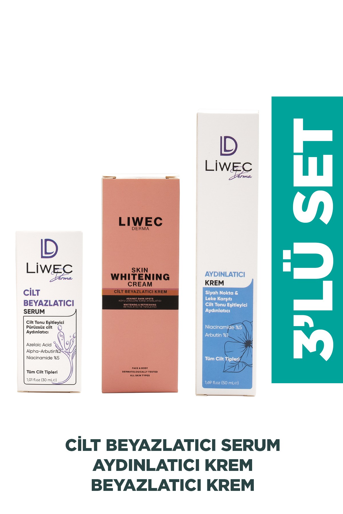 Liwec Derma 3'lü Set (AYDINLATICI KREM - WHİTENİNG CREAM - CİLT BEYAZLATICI SERUM)