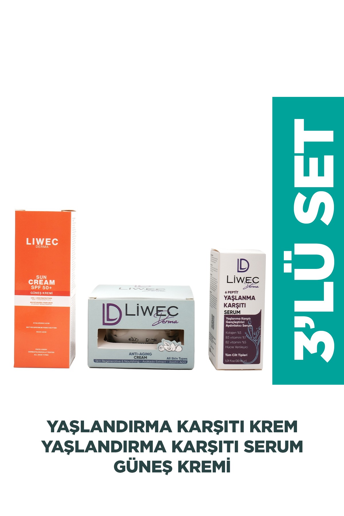 Liwec Derma 3'lü Set (YAŞLANMA KARŞITI SERUM - YAŞLANMA KARŞITI KREM - GÜNEŞ  KREMİ)