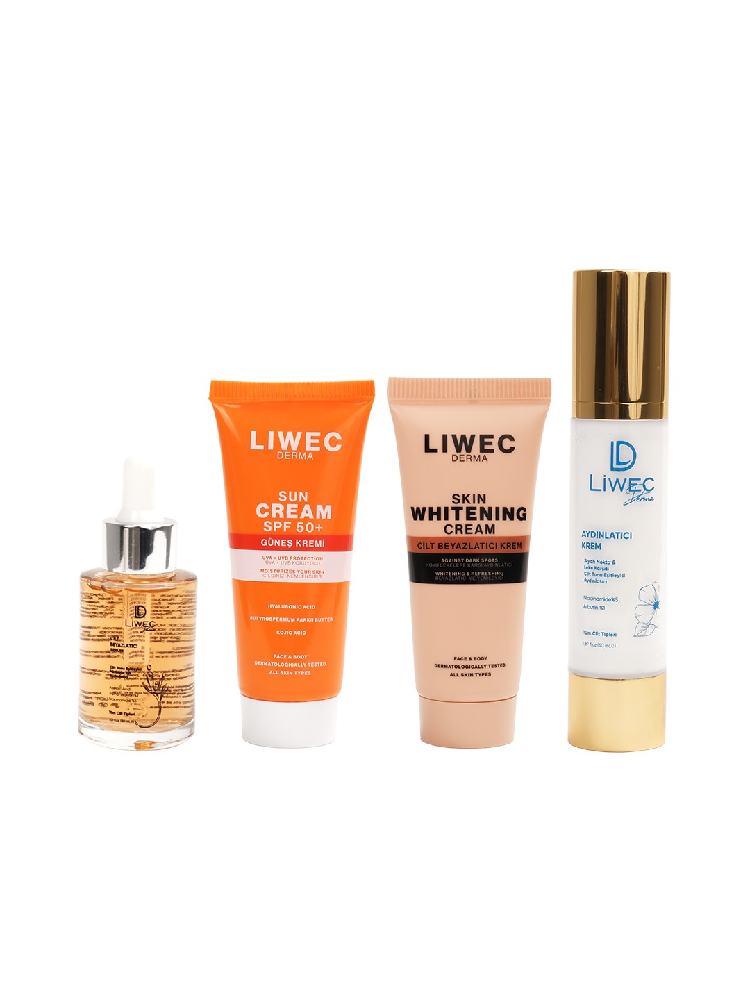 Liwec Derma 4'lü Set (AYDINLATICI KREM - WHİTENİNG CREAM - CİLT BEYAZLATICI SERUM - GÜNEŞ  KREMİ)