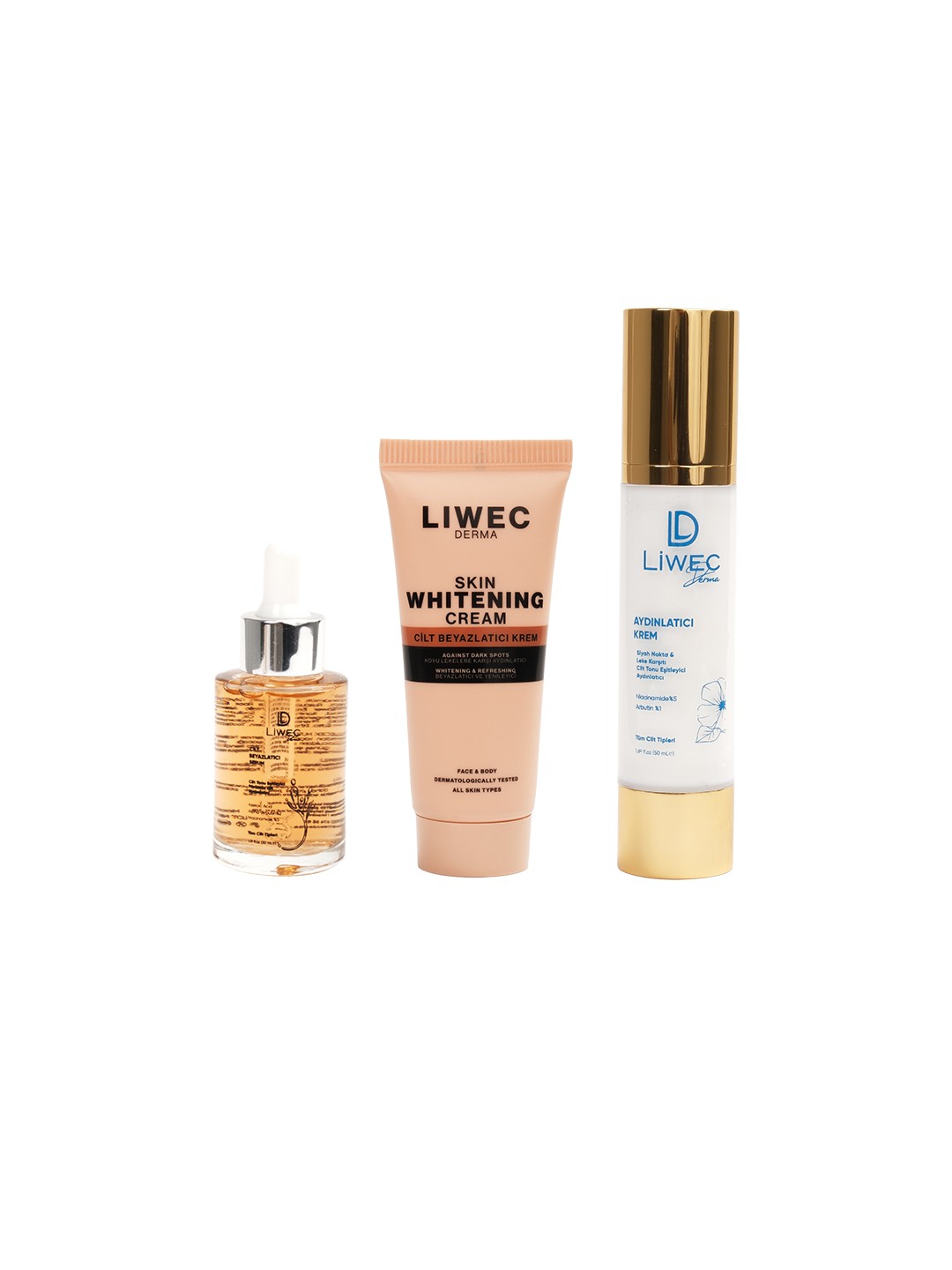 Liwec Derma 3'lü Set (AYDINLATICI KREM - WHİTENİNG CREAM - CİLT BEYAZLATICI SERUM)