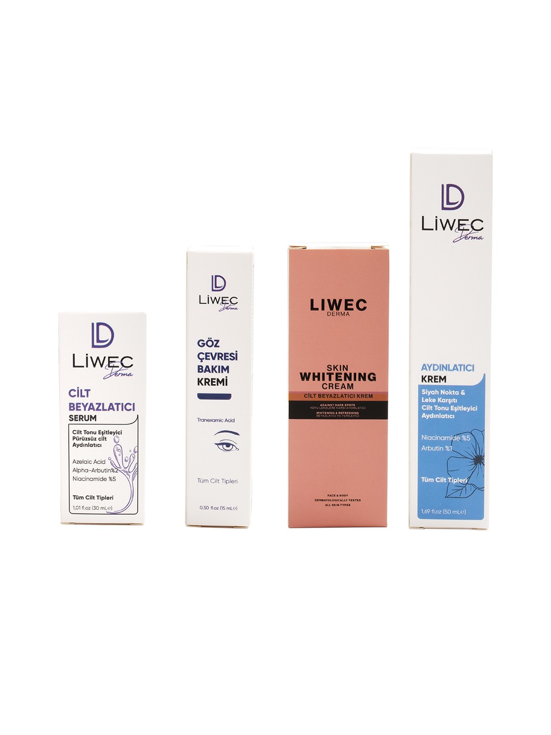 Liwec Derma 4'lü Set (AYDINLATICI KREM - WHİTENİNG CREAM  - CİLT BEYAZLATICI SERUM - GÜNEŞ  KREMİ)