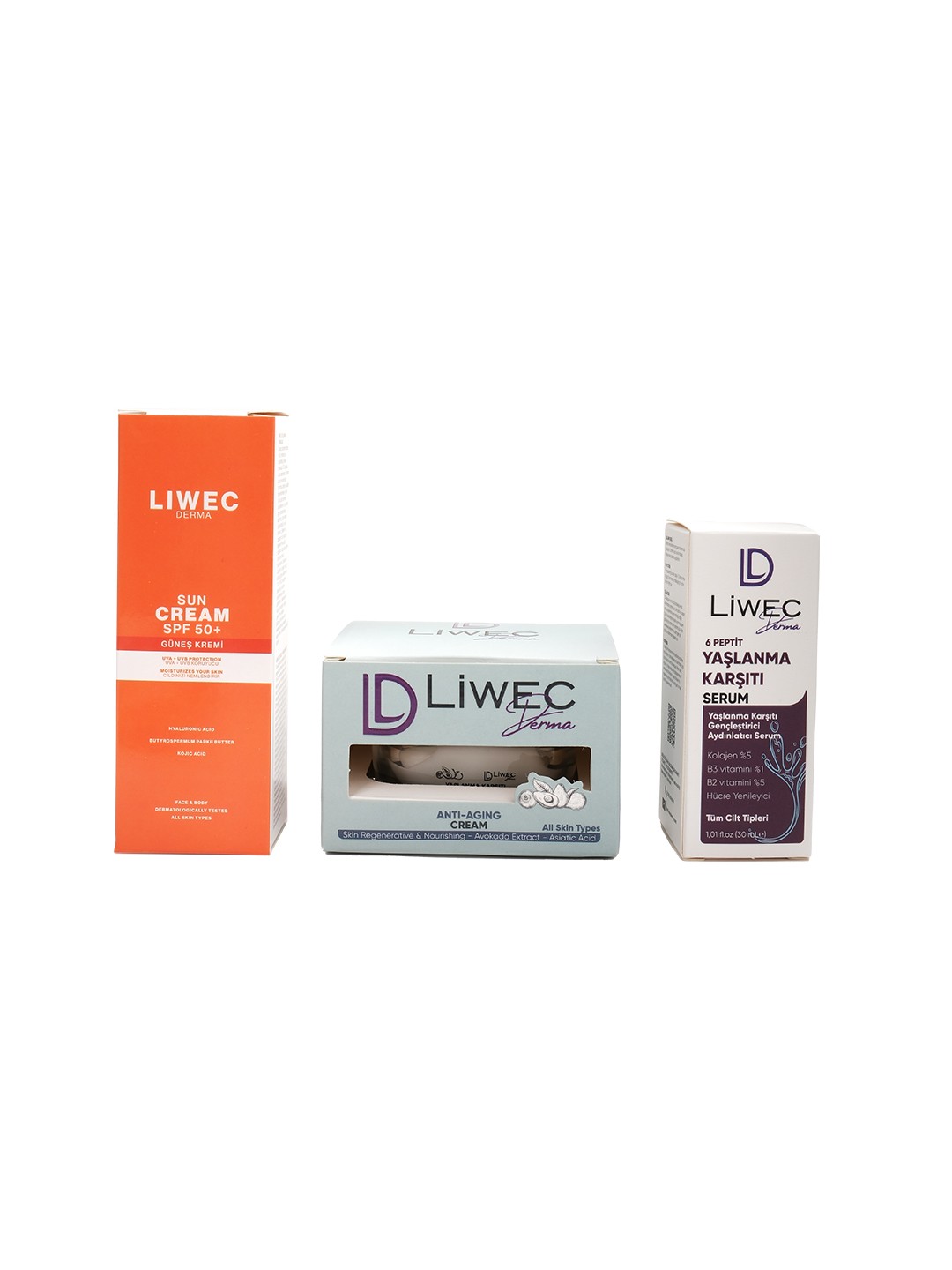 Liwec Derma 3'lü Set (YAŞLANMA KARŞITI SERUM - YAŞLANMA KARŞITI KREM - GÜNEŞ  KREMİ)