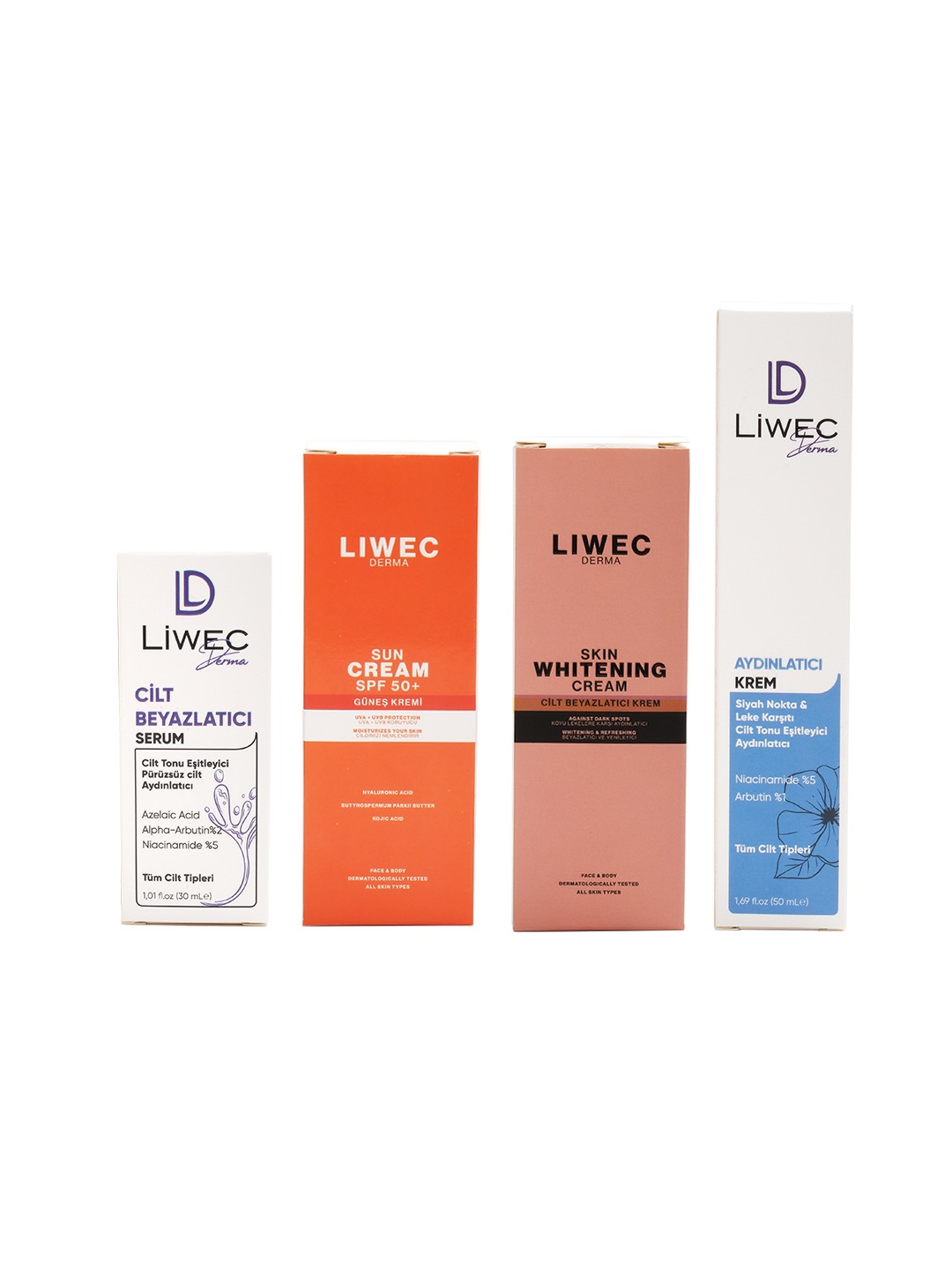 Liwec Derma 4'lü Set (AYDINLATICI KREM - WHİTENİNG CREAM - CİLT BEYAZLATICI SERUM - GÜNEŞ  KREMİ)