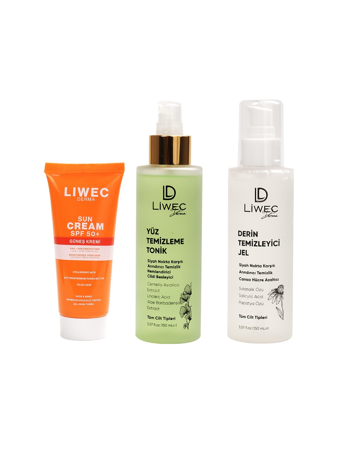 Liwec Derma 3'lü Set (DERİN TEMİZLEYİCİ JEL - YÜZ TEMİZLEME TONİK - GÜNEŞ  KREMİ SPF 50+)