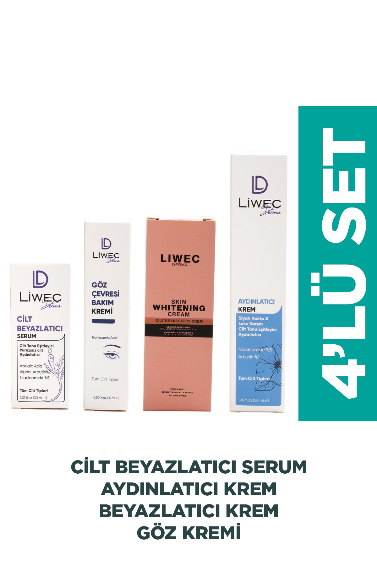 Liwec Derma 4'lü Set (AYDINLATICI KREM - WHİTENİNG CREAM  - CİLT BEYAZLATICI SERUM - GÜNEŞ  KREMİ)