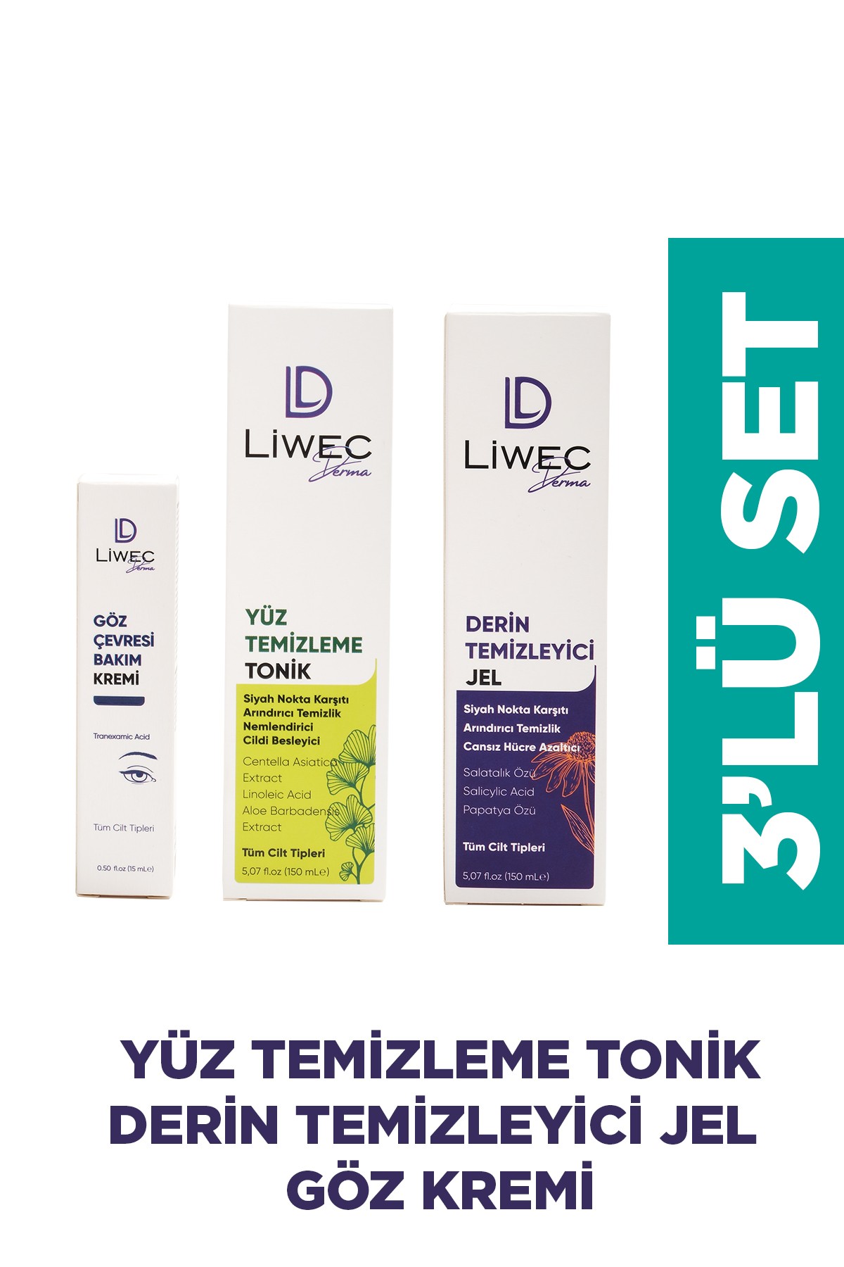 Liwec Derma 3'lü Set (DERİN TEMİZLEYİCİ JEL - YÜZ TEMİZLEME TONİK - GÖZ ÇEVRESİ BAKIM KREMİ)