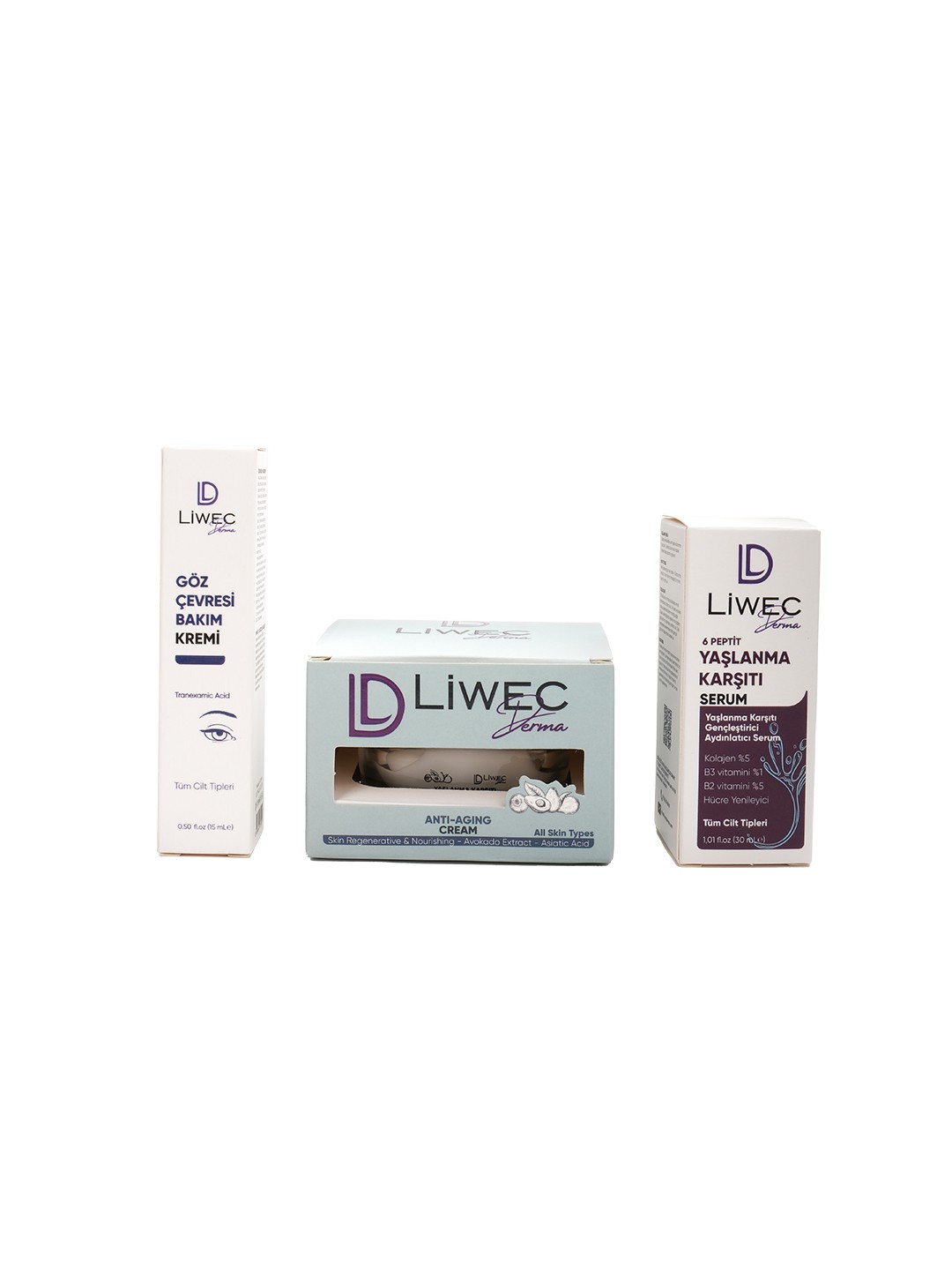 Liwec Derma 3'lü Set (YAŞLANMA KARŞITI SERUM - YAŞLANMA KARŞITI KREM - GÖZ ÇEVRESİ BAKIM KREMİ)