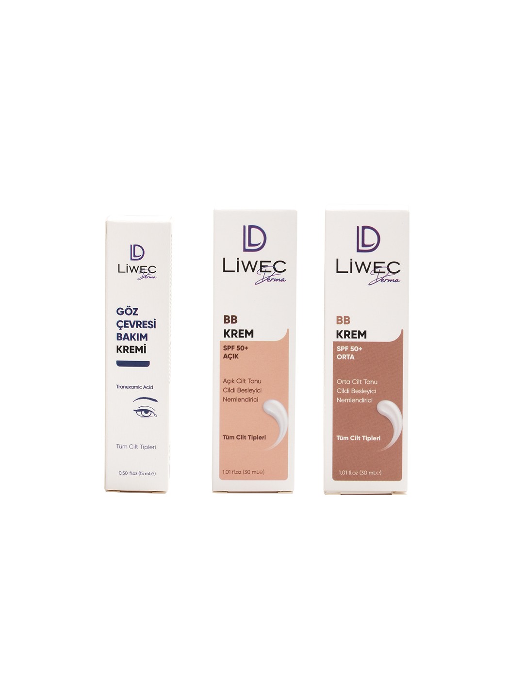 Liwec Derma 3'lü Set (BB KREM ORTA - BB  KREM  AÇIK - GÖZ ÇEVRESİ BAKIM KREMİ)