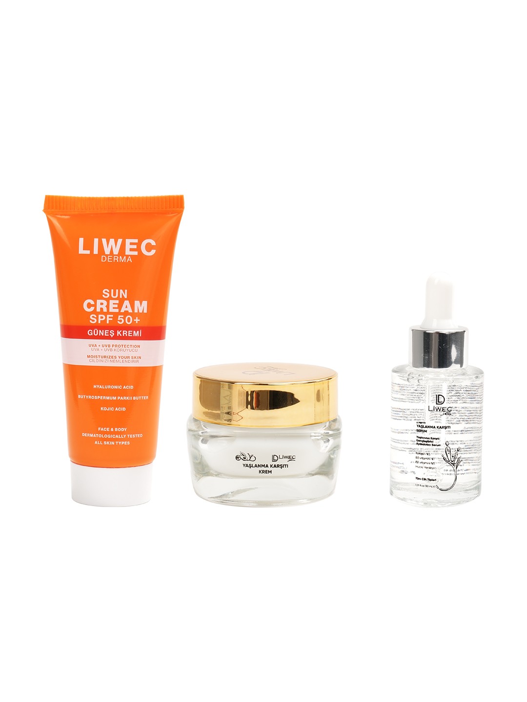 Liwec Derma 3'lü Set (YAŞLANMA KARŞITI SERUM - YAŞLANMA KARŞITI KREM - GÜNEŞ  KREMİ)