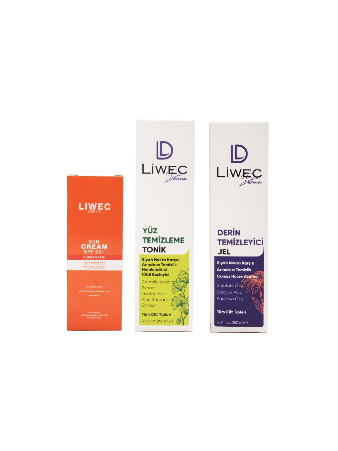 Liwec Derma 3'lü Set (DERİN TEMİZLEYİCİ JEL - YÜZ TEMİZLEME TONİK - GÜNEŞ  KREMİ SPF 50+)