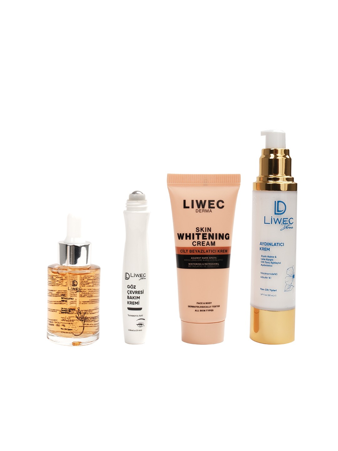 Liwec Derma 4'lü Set (AYDINLATICI KREM - WHİTENİNG CREAM  - CİLT BEYAZLATICI SERUM - GÜNEŞ  KREMİ)