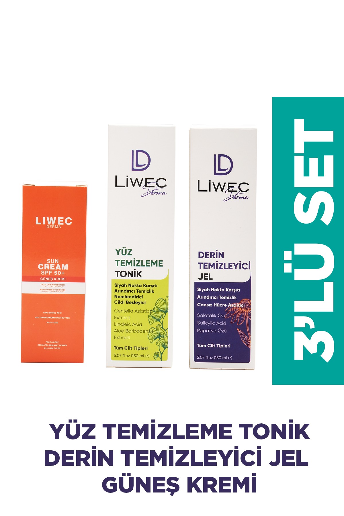 Liwec Derma 3'lü Set (DERİN TEMİZLEYİCİ JEL - YÜZ TEMİZLEME TONİK - GÜNEŞ  KREMİ SPF 50+)