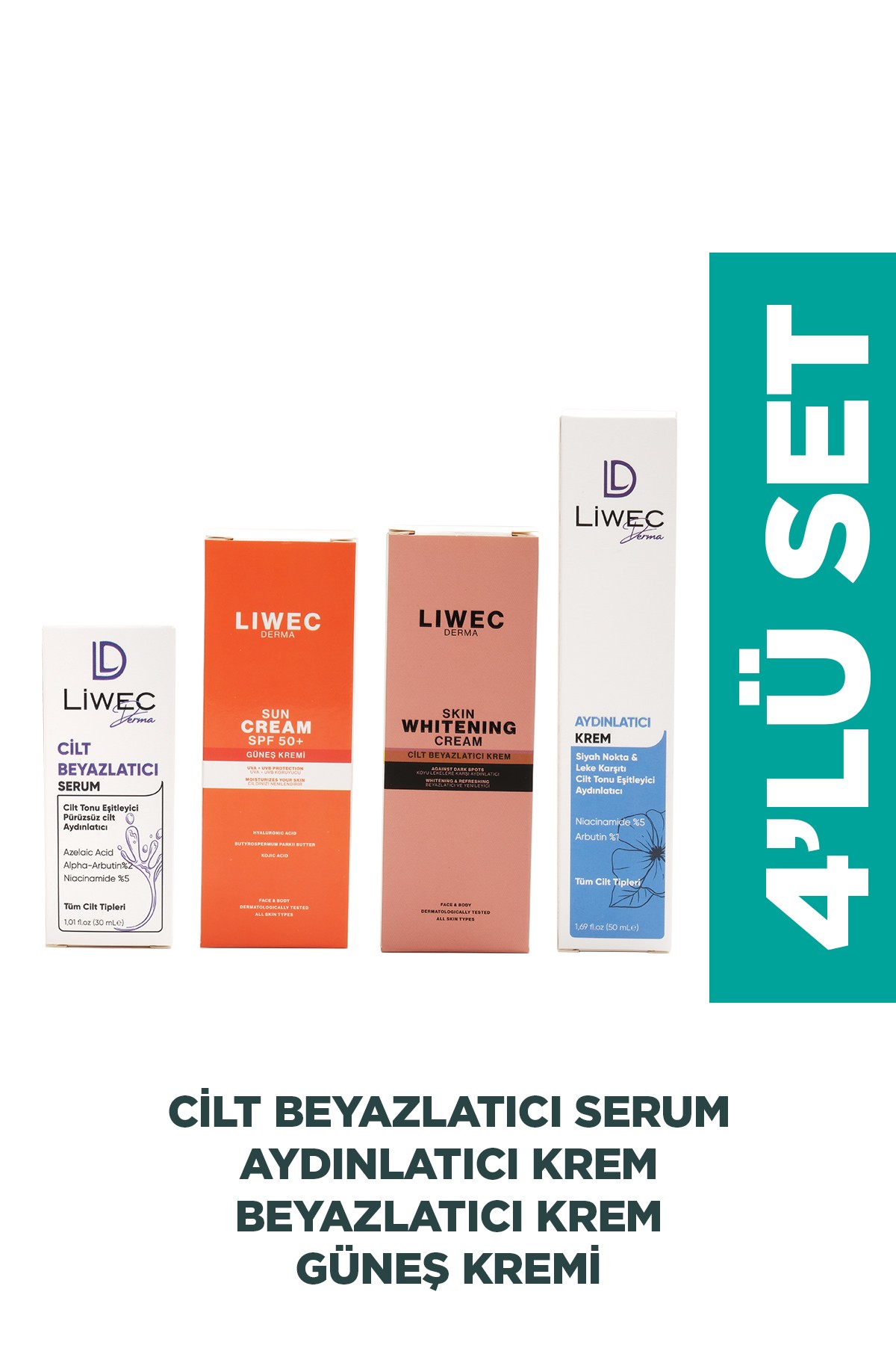 Liwec Derma 4'lü Set (AYDINLATICI KREM - WHİTENİNG CREAM - CİLT BEYAZLATICI SERUM - GÜNEŞ  KREMİ)