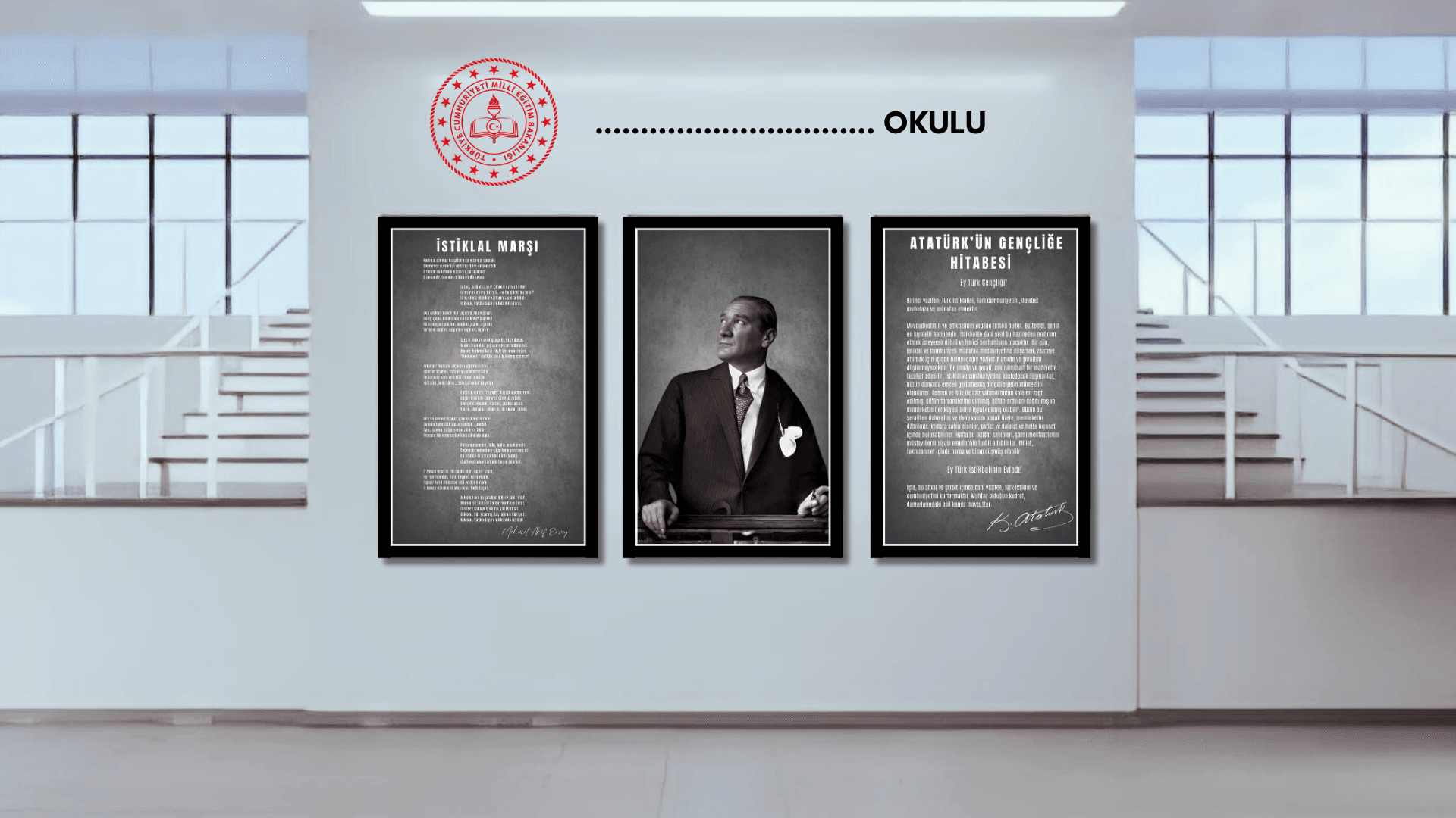 MEB Atatürk Köşesi Siyah Beyaz Pleksi Tablo Seti