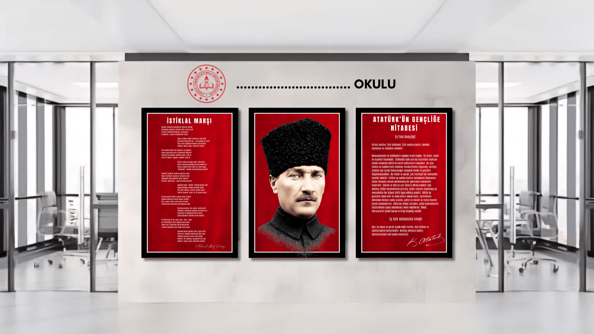 MEB Atatürk Köşesi Kırmızı Pleksi Tablo Seti