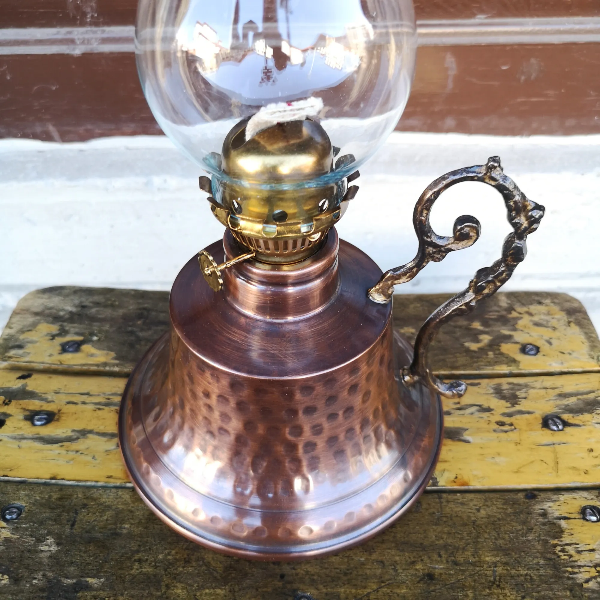 Bakır Gaz Lambası Büyük Boy Eskitme Noltaljik Kandil