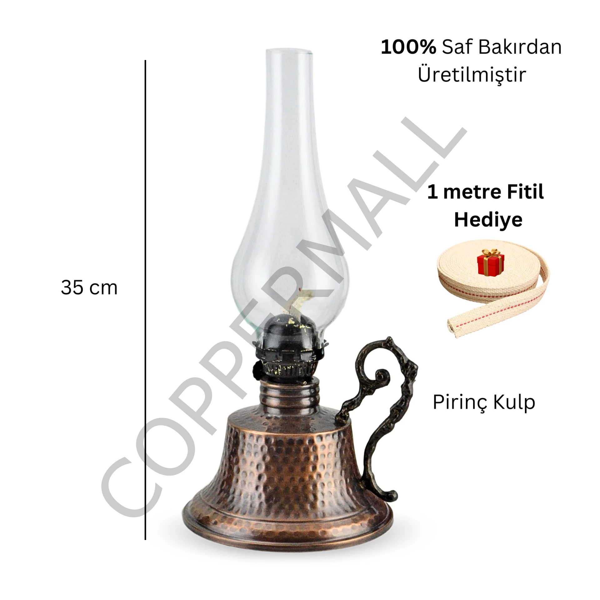 Bakır Gaz Lambası Büyük Boy Eskitme Noltaljik Kandil