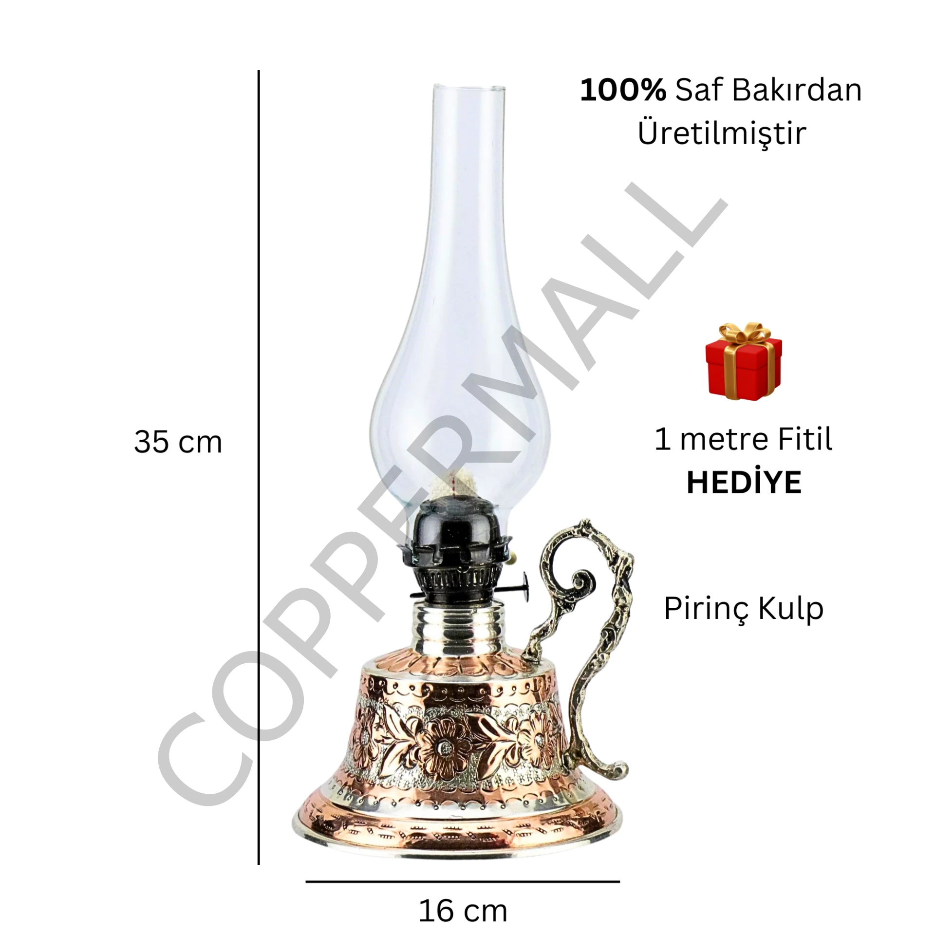 Bakır Gaz Lambası Büyük Boy Nikelli Noltaljik Kandil