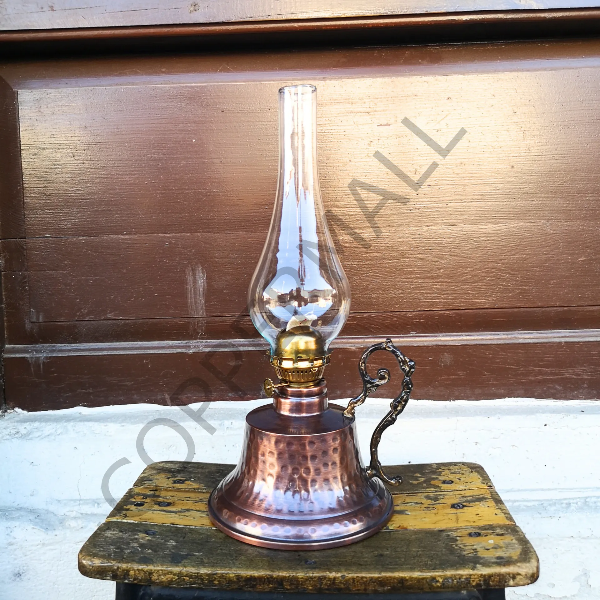Bakır Gaz Lambası Büyük Boy Eskitme Noltaljik Kandil