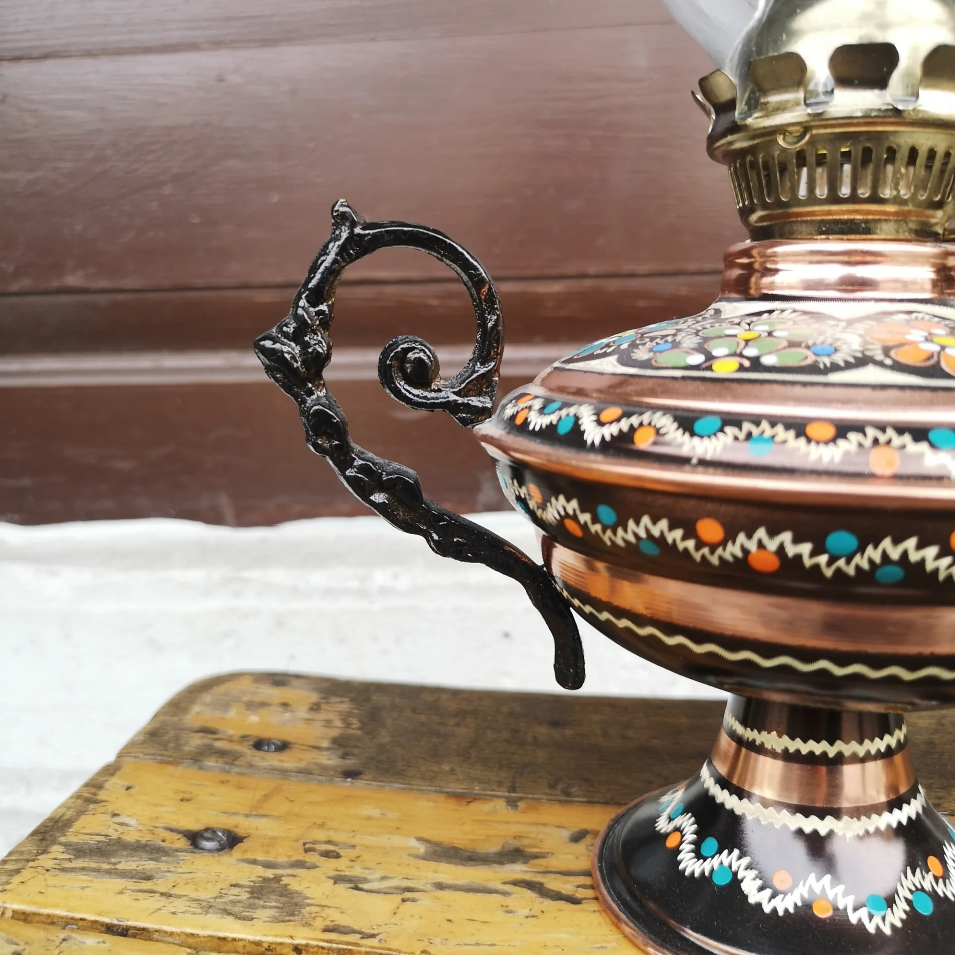 Bakır Gaz Lambası Büyük Boy El Boyaması Noltaljik Kandil