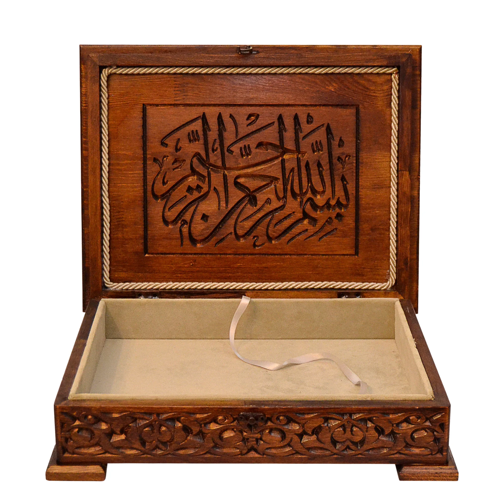 Ahşap Kur'an'ı Kerim Kutusu Oyma Desenli Seccade Tesbih Kutusu 