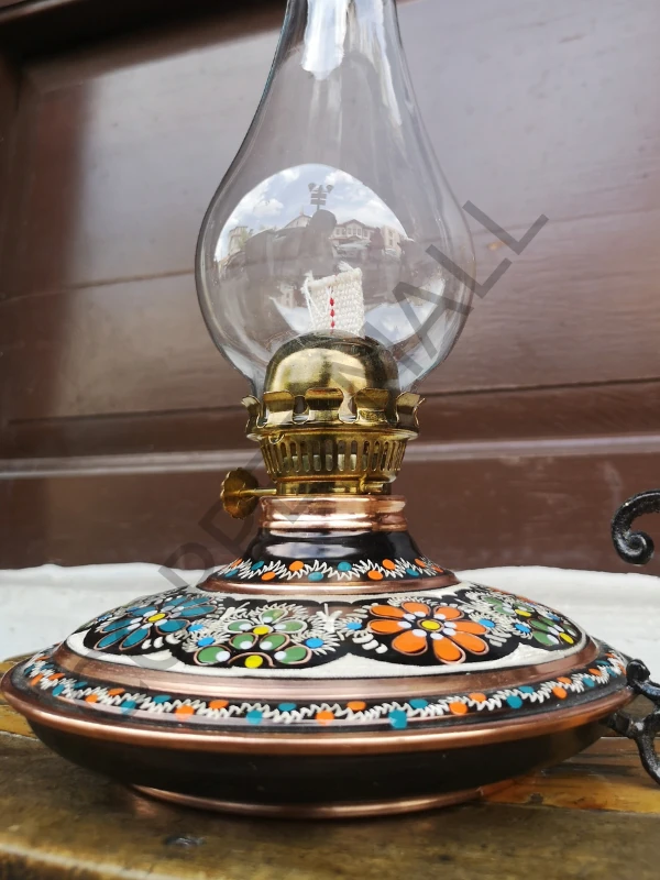 Bakır Gaz Lambası Büyük Boy El Boyaması Noltaljik Kandil