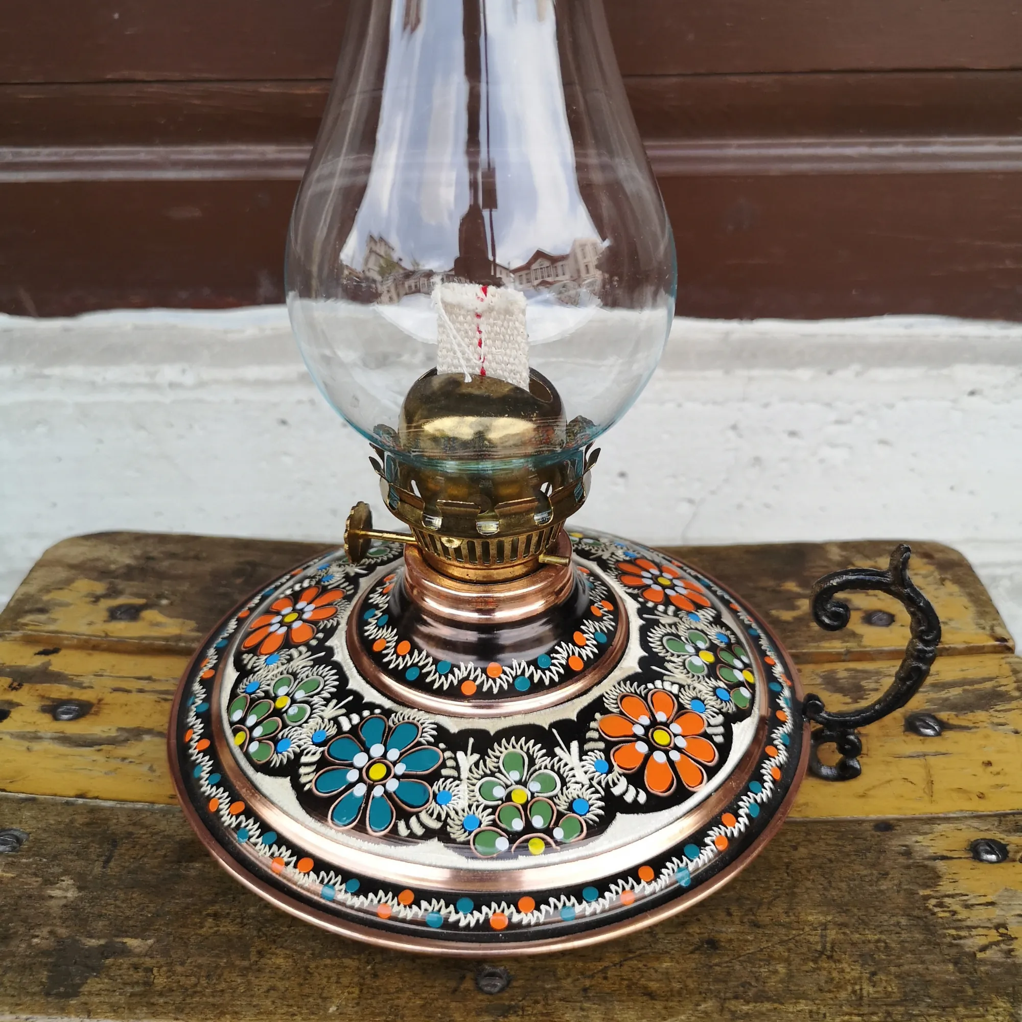 Bakır Gaz Lambası Büyük Boy El Boyaması Noltaljik Kandil