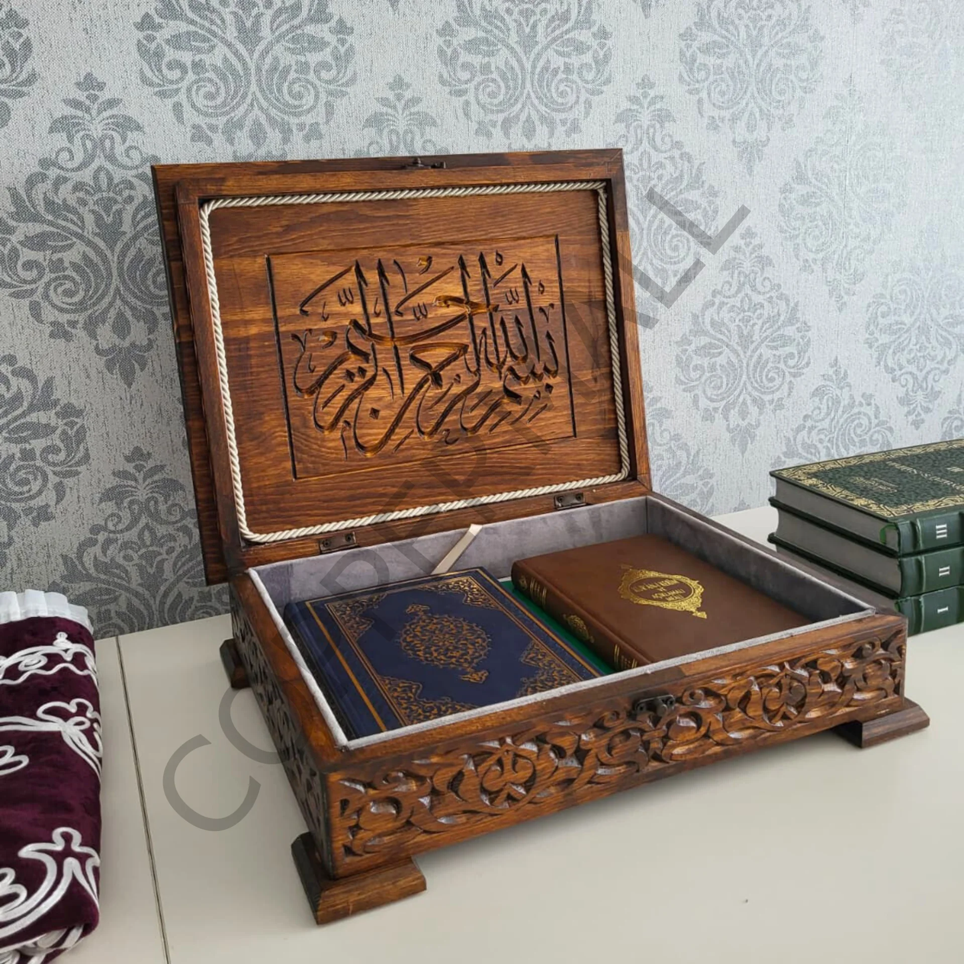 Ahşap Kur'an Kutusu Oyma Desenli Tesbih Seccade Kutusu