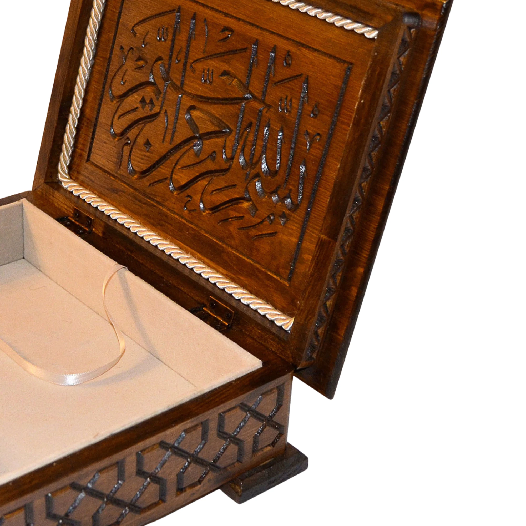 Ahşap Kur'an'ı Kerim Kutusu Oyma Desenli Seccade Tesbih Kutusu 