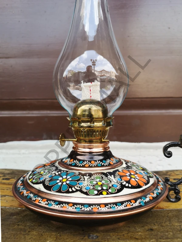 Bakır Gaz Lambası Büyük Boy El Boyaması Noltaljik Kandil