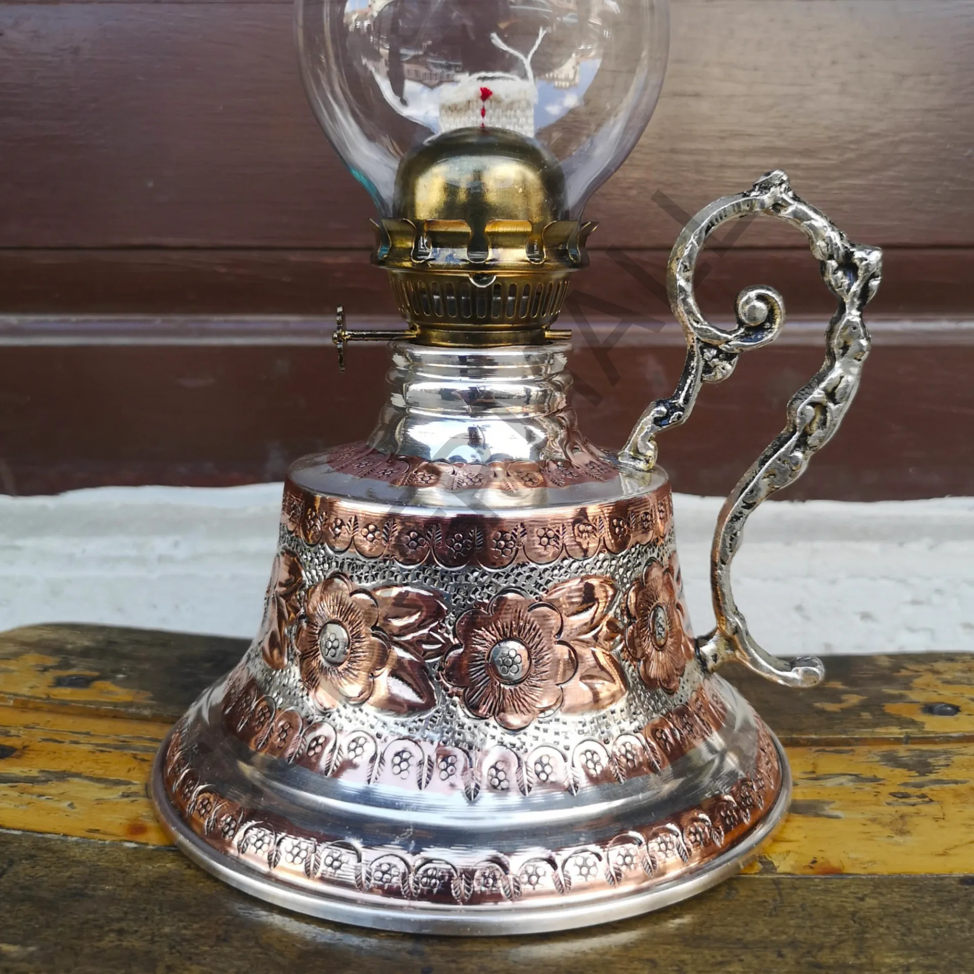 Bakır Gaz Lambası Büyük Boy Nikelli Noltaljik Kandil