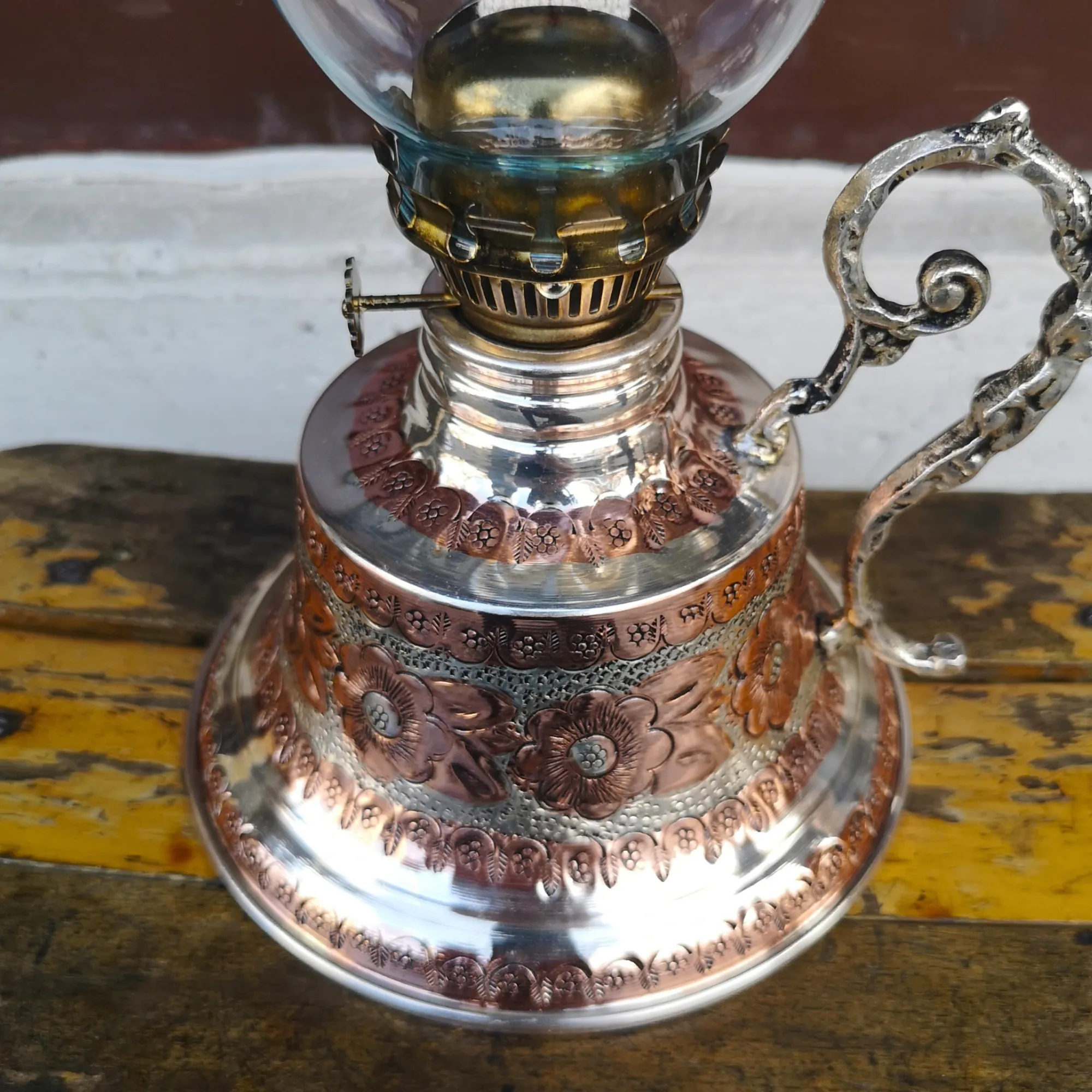 Bakır Gaz Lambası Büyük Boy Nikelli Noltaljik Kandil