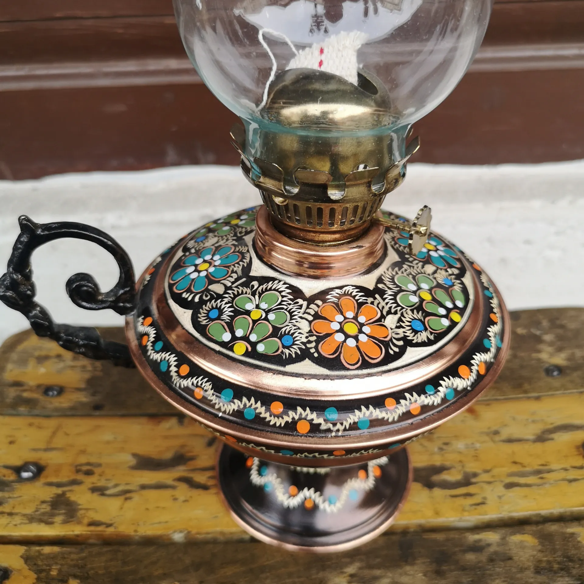 Bakır Gaz Lambası Büyük Boy El Boyaması Noltaljik Kandil