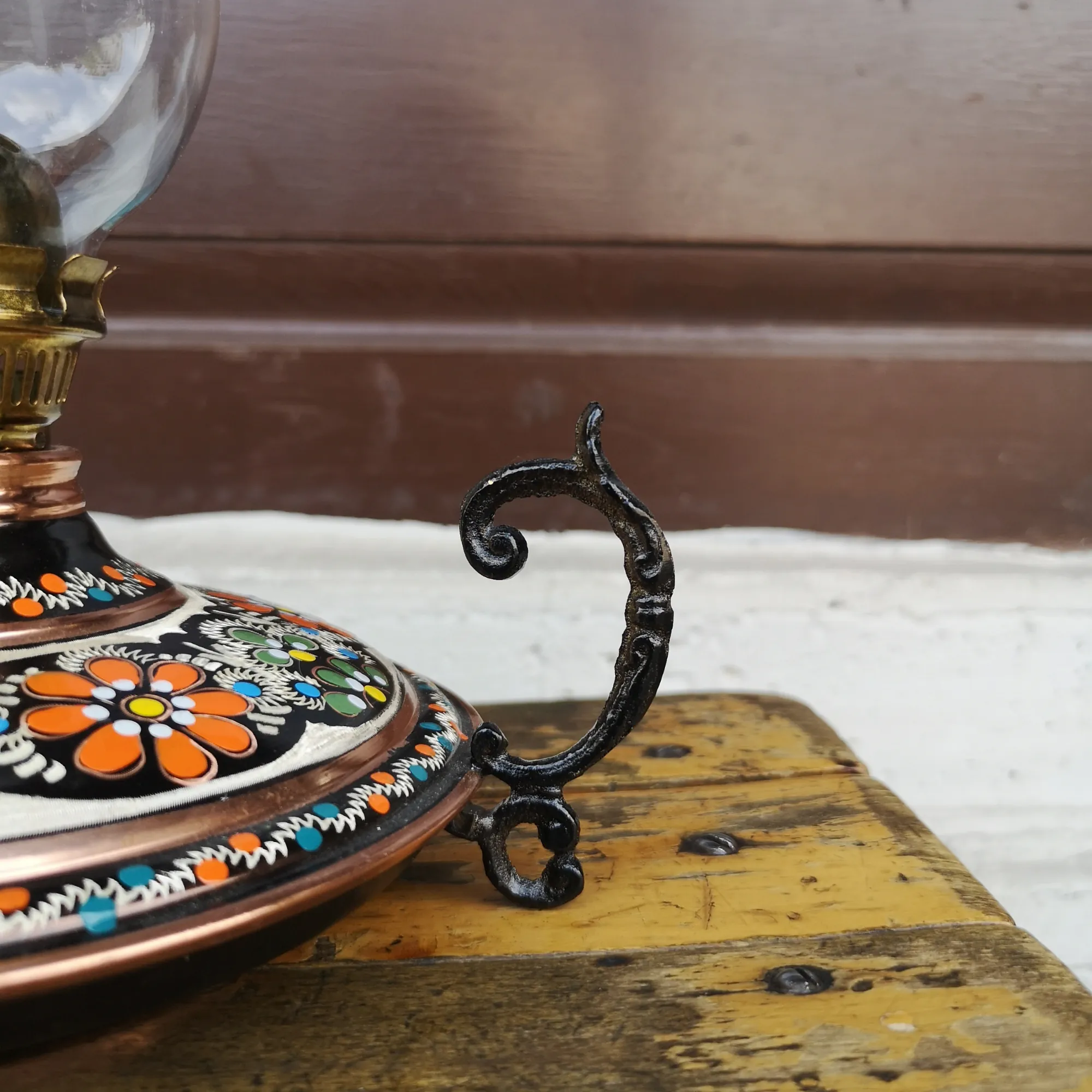 Bakır Gaz Lambası Büyük Boy El Boyaması Noltaljik Kandil