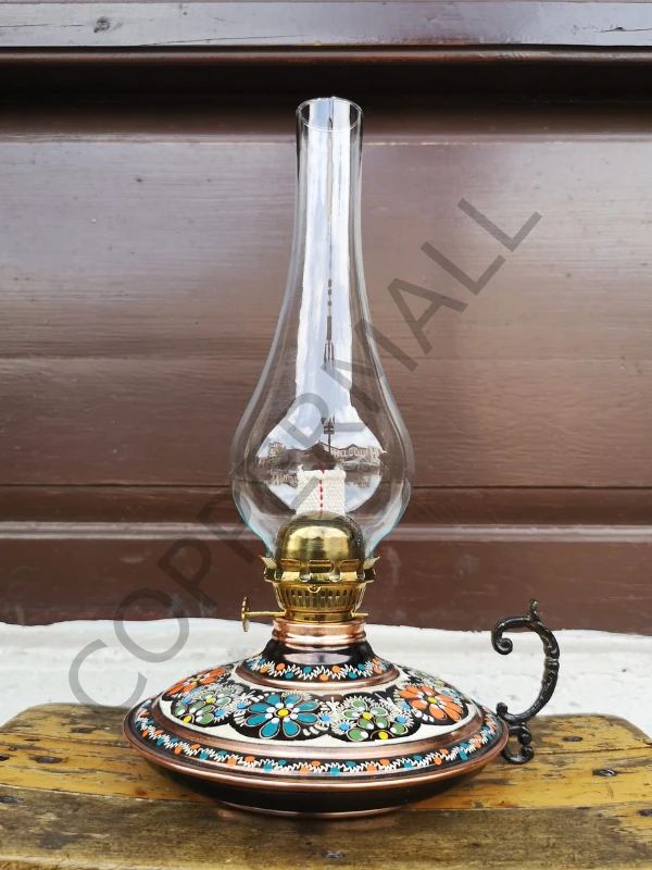 Bakır Gaz Lambası Büyük Boy El Boyaması Noltaljik Kandil