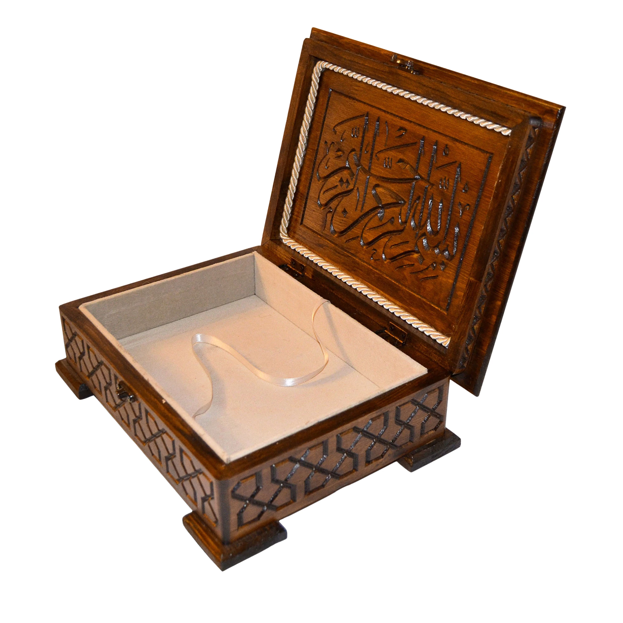 Ahşap Kur'an'ı Kerim Kutusu Oyma Desenli Seccade Tesbih Kutusu 