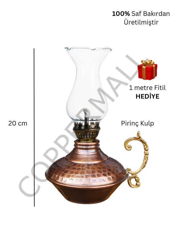 Bakır Gaz Lambası El Yapımı Eskitme Bakır Kandil Küçük Boy No 3