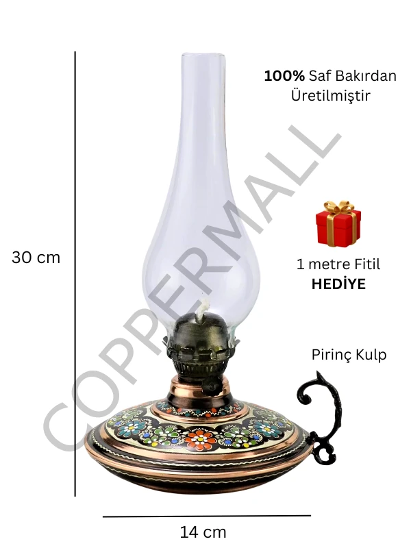 Bakır Gaz Lambası Büyük Boy El Boyaması Noltaljik Kandil