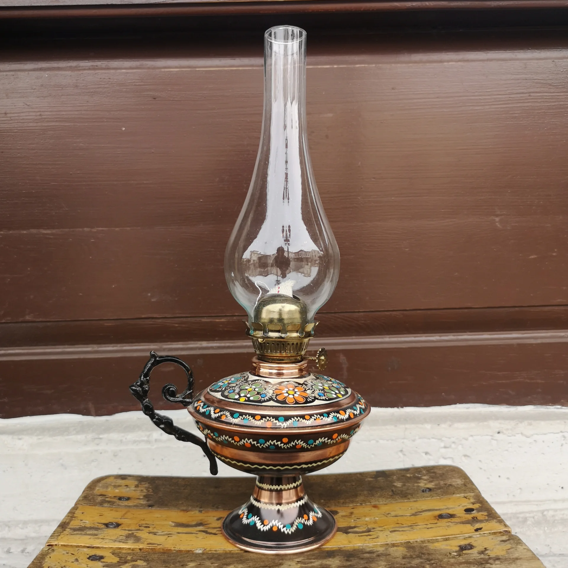 Bakır Gaz Lambası Büyük Boy El Boyaması Noltaljik Kandil