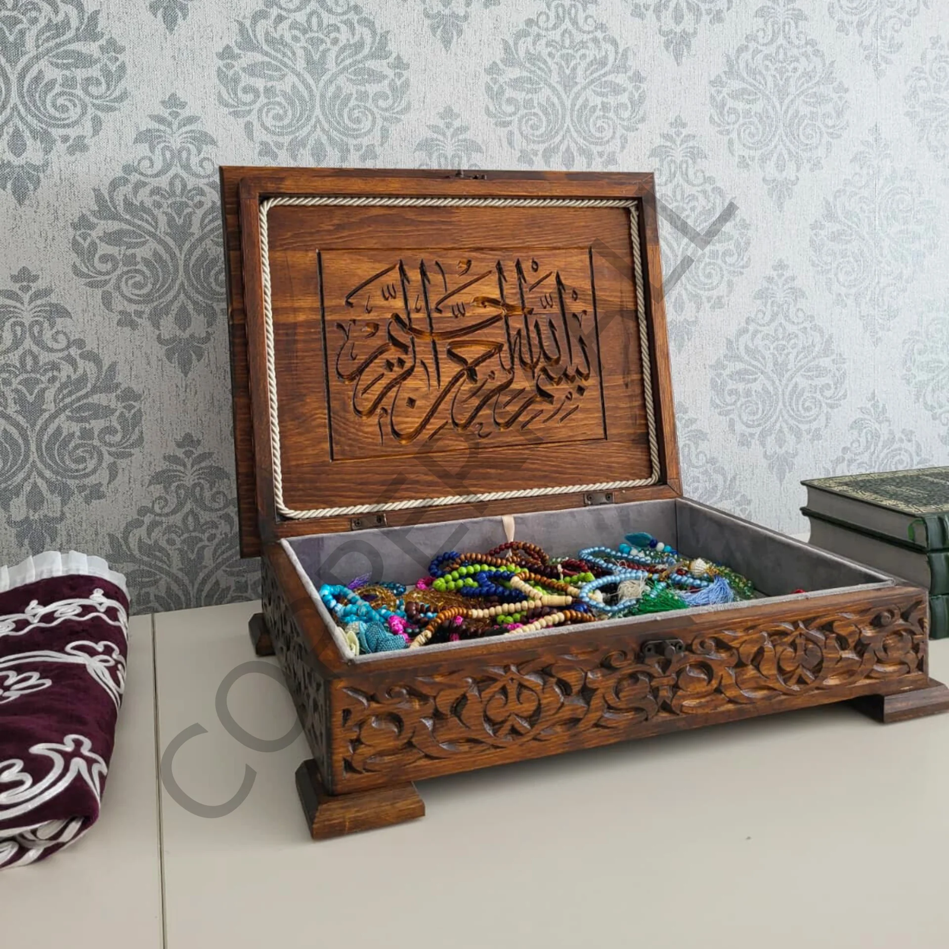 Ahşap Kur'an Kutusu Oyma Desenli Tesbih Seccade Kutusu